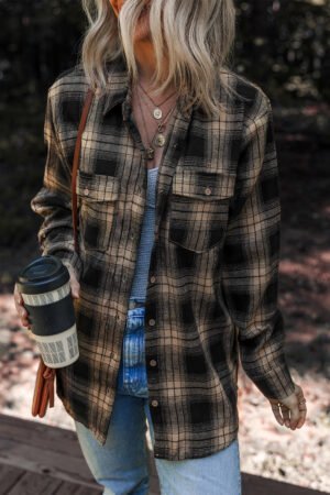 Multicolour Retro Plaid Double Flap Pocket Brushed Shacket