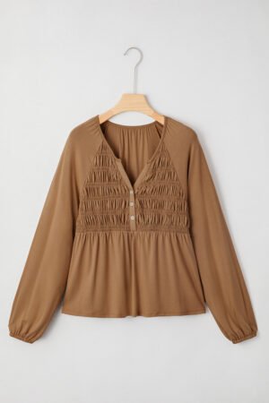 Cinnamon Smocked Bust Buttoned Split V Neck Flow Fit Blouse - Image 6