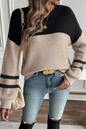 Parchment Color Block Knit Striped Sleeve Detail Casual Sweater - Image 5