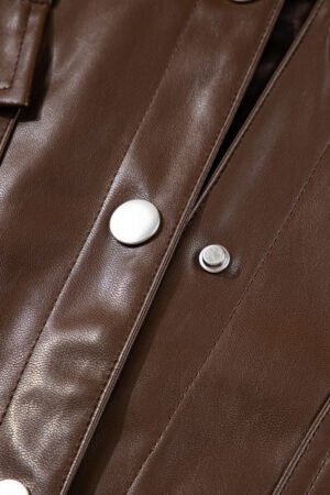Chicory Coffee Double Flap Pocket Drawstring Hem Leather Jacket - Image 7