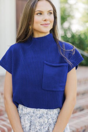 Dark Blue Patch Pocket Ribbed Knit Short Sleeve Sweater - Image 3