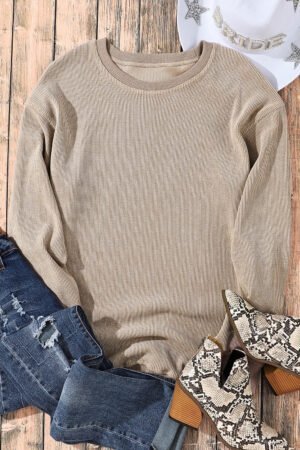 Khaki Solid Ribbed Knit Round Neck Pullover Sweatshirt - Image 5