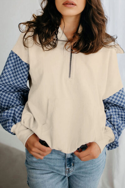 Parchment Checkered Patchwork Kangaroo Pocket Half Zipper Hoodie