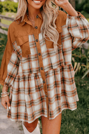 Khaki Plaid Color Block Patchwork Ruffle Hem Tunic Shirt Dress
