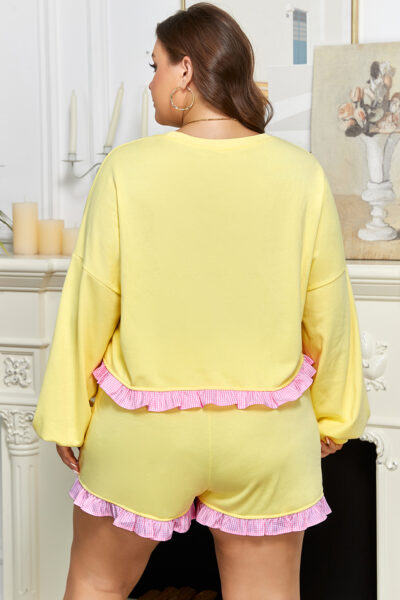 Yellow Contrast Plaid Ruffle Patchwork Pullover Top and Shorts Plus Size Set