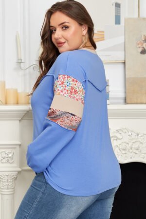 Blue Exposed Seam Floral Mixed Patchwork Relaxed Plus Size Sweatshirt - Image 2