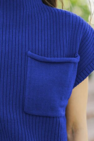 Dark Blue Patch Pocket Ribbed Knit Short Sleeve Sweater - Image 7