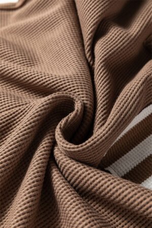 Straw Yellow Waffle Texture Striped Patchwork Button Neck Drawstring Hoodie - Image 10