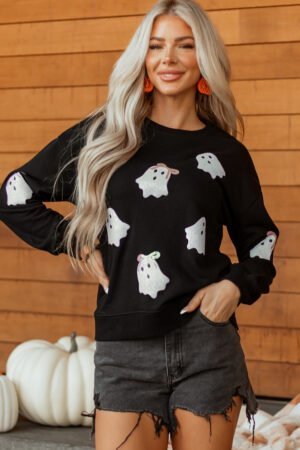 Black Sequin Cute Bow Ghost Graphic Crew Neck Halloween Sweatshirt - Image 4