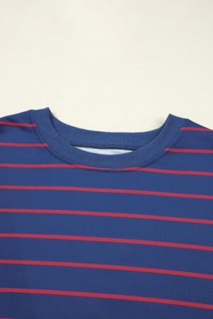 Blue Stripe Stylish Overlap Detail Drop Shoulder Pullover Sweatshirt - Image 6