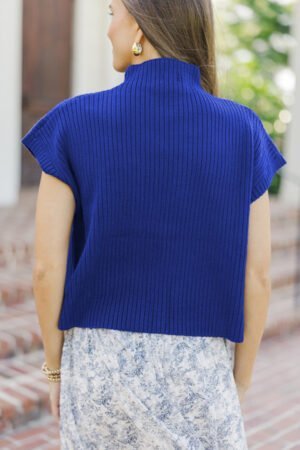 Dark Blue Patch Pocket Ribbed Knit Short Sleeve Sweater - Image 4
