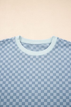Sky Blue Checkerboard Long Sleeve Pullover and Shorts Set - Image 6