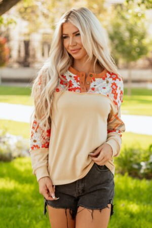 Parchment Floral Plaid Patchwork Casual Top - Image 3