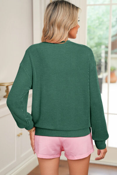 Evergreen Twisted Rib Outlined Merry Letter Graphic Loose Long Sleeve Top