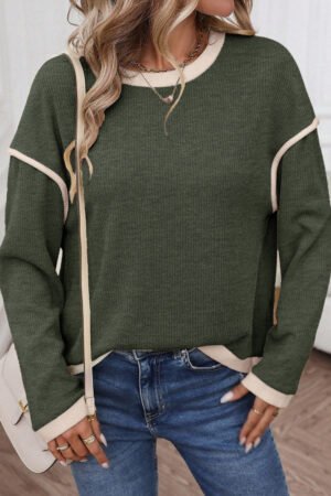 Four Leaf Clover Contrast Color Trim Knit Drop Shoulder Loose Top - Image 5