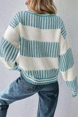 Light Blue Two Tone Striped Patchwork Drop Shoulder Loose Sweater - Image 2