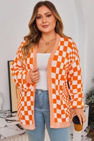 Orange Checkered Bubble Sleeve Drop Shoulder Open Cardigan