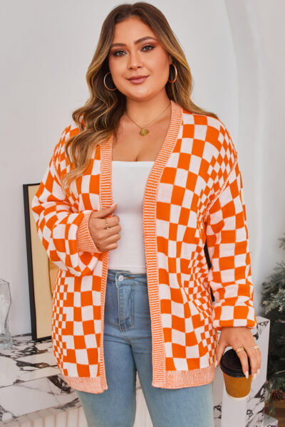 Orange Checkered Bubble Sleeve Drop Shoulder Open Cardigan