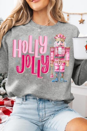 Gray HOLLY JOLLY Nutcracker Print Crew Neck Christmas Sweatshirt - Image 3