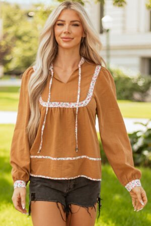Straw Yellow Split Neck Pleated Floral Trim Long Puff Sleeve Blouse - Image 12