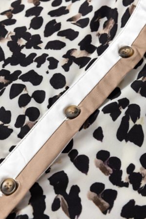 Multicolour Button Striped Collar Leopard Print Long Sleeve Flared Dress - Image 7