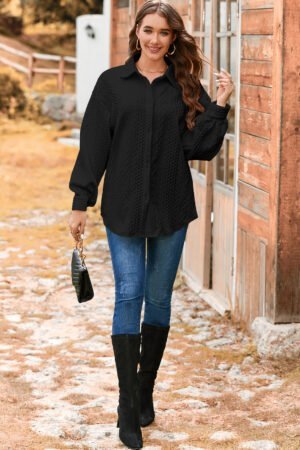Black Cable Texture Puff Sleeve Loose Shacket - Image 5