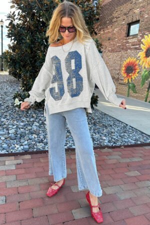Light Grey Faded Varsity Print Loose Pullover Top - Image 5