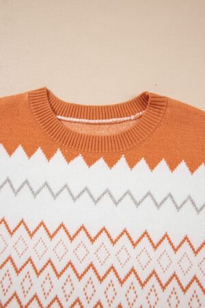 Khaki Zigzag Geometric Pattern Knitted Pullover Sweater - Image 7