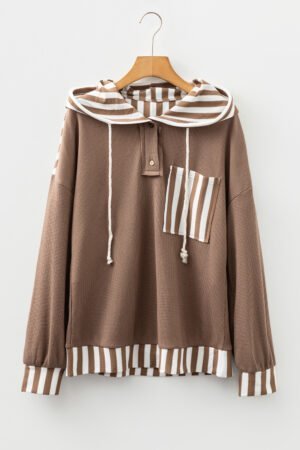 Straw Yellow Waffle Texture Striped Patchwork Button Neck Drawstring Hoodie - Image 6
