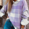 Lilac Plaid Print Ribbed Trim Loose Sweater