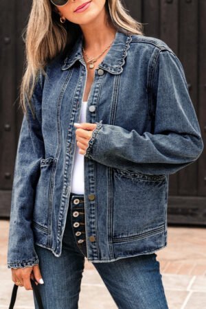 Sail Blue Scallop Trim Collar Patched Pocket Button Up Denim Jacket - Image 6