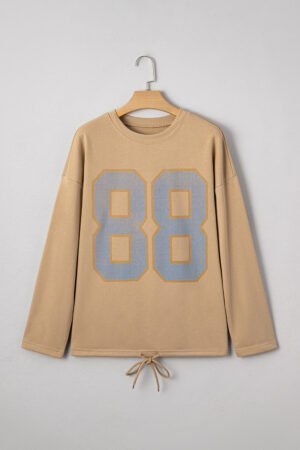 Khaki 88 Number Graphic Drawstring Hemline Oversize Long Sleeve Top - Image 5
