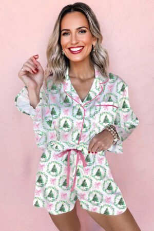 Alternative view of Green Christmas Fashion Print Velvet Trim Bow Knot Pajama 2pcs Short Set