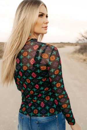 Alternative view of Black Western Aztec Printed Long Sleeve Mesh Top