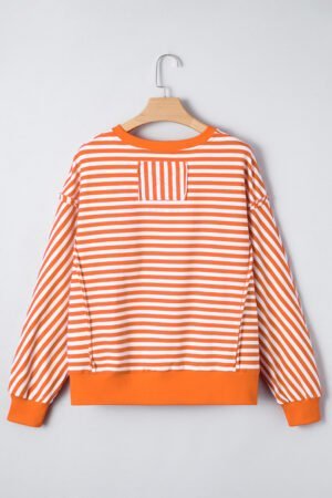 Orange Stripe Exposed Seam Drop Shoulder Casual Pullover Top - Image 6