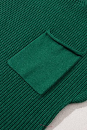 Blackish Green Patch Pocket Ribbed Knit Short Sleeve Sweater - Image 7