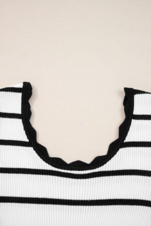 Black white Scalloped Trim U Neck Striped Ribbed Slim Sweater - Image 6
