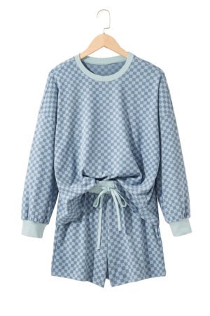 Sky Blue Checkerboard Long Sleeve Pullover and Shorts Set - Image 16