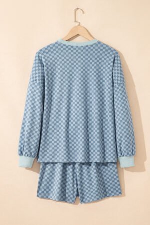 Sky Blue Checkerboard Long Sleeve Pullover and Shorts Set - Image 5