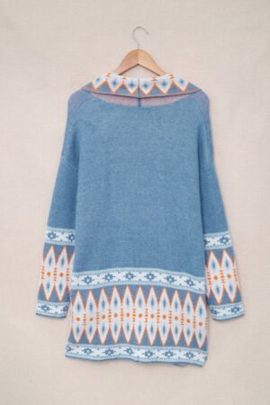 Blue Aztec Print Open Front Knitted Cardigan - Image 6