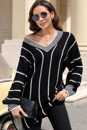 Black Colorblock Striped V Neck Knitted Loose Sweater - Image 4
