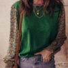 Blackish Green Floral Patchwork Shirred Cuff Puff Sleeve Sweater