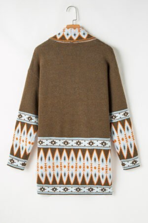 Brown Aztec Print Open Front Knitted Cardigan - Image 7