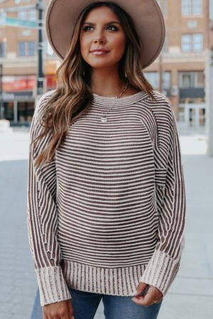 Coffee Striped Print Ribbed Knit Boat Neck Baggy Sweater - Image 3