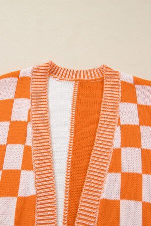 Orange Checkered Bubble Sleeve Drop Shoulder Open Cardigan - Image 7