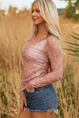 Pink Vintage Floral Print Southern Style Mesh Long Sleeve Top - Image 3
