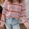 Pink Stripe Ribbed Edge Drop Shoulder Sweater