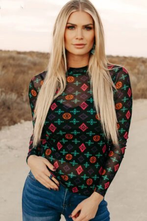 Black Western Aztec Printed Long Sleeve Mesh Top - Image 3