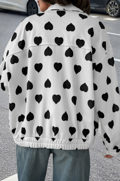 White Double Flap Pocket Heart Print Collar Zip Jacket