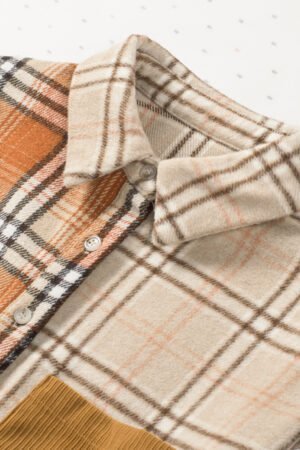 Orange Plaid Color Block Patchwork Shirt Jacket with Pocket - Image 7